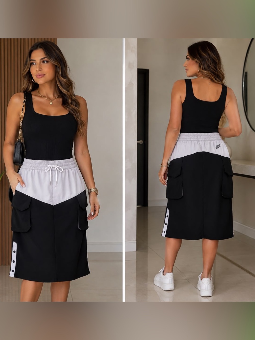Nike Black and Light Gray Midi Cargo Skirt